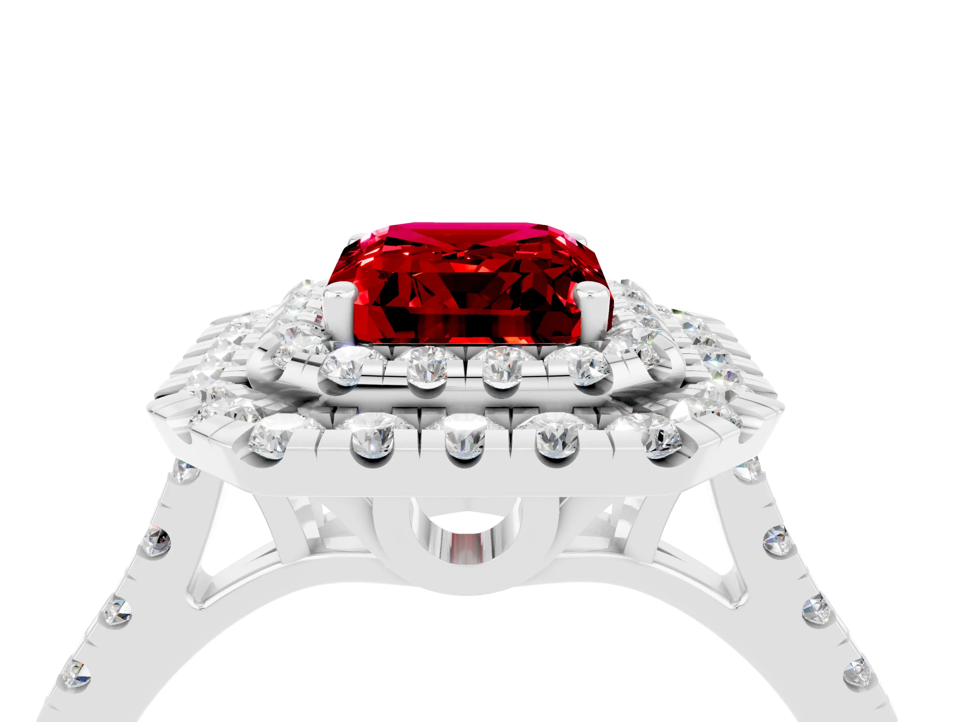 White gold Double Halo Emerald Cut Ruby Pavé Band with Four-Prong Setting_4