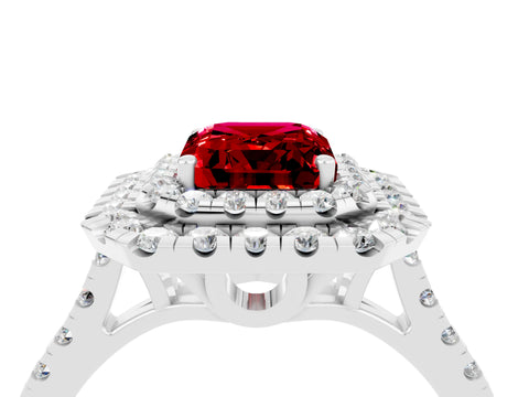 White gold Double Halo Emerald Cut Ruby Pavé Band with Four-Prong Setting_4