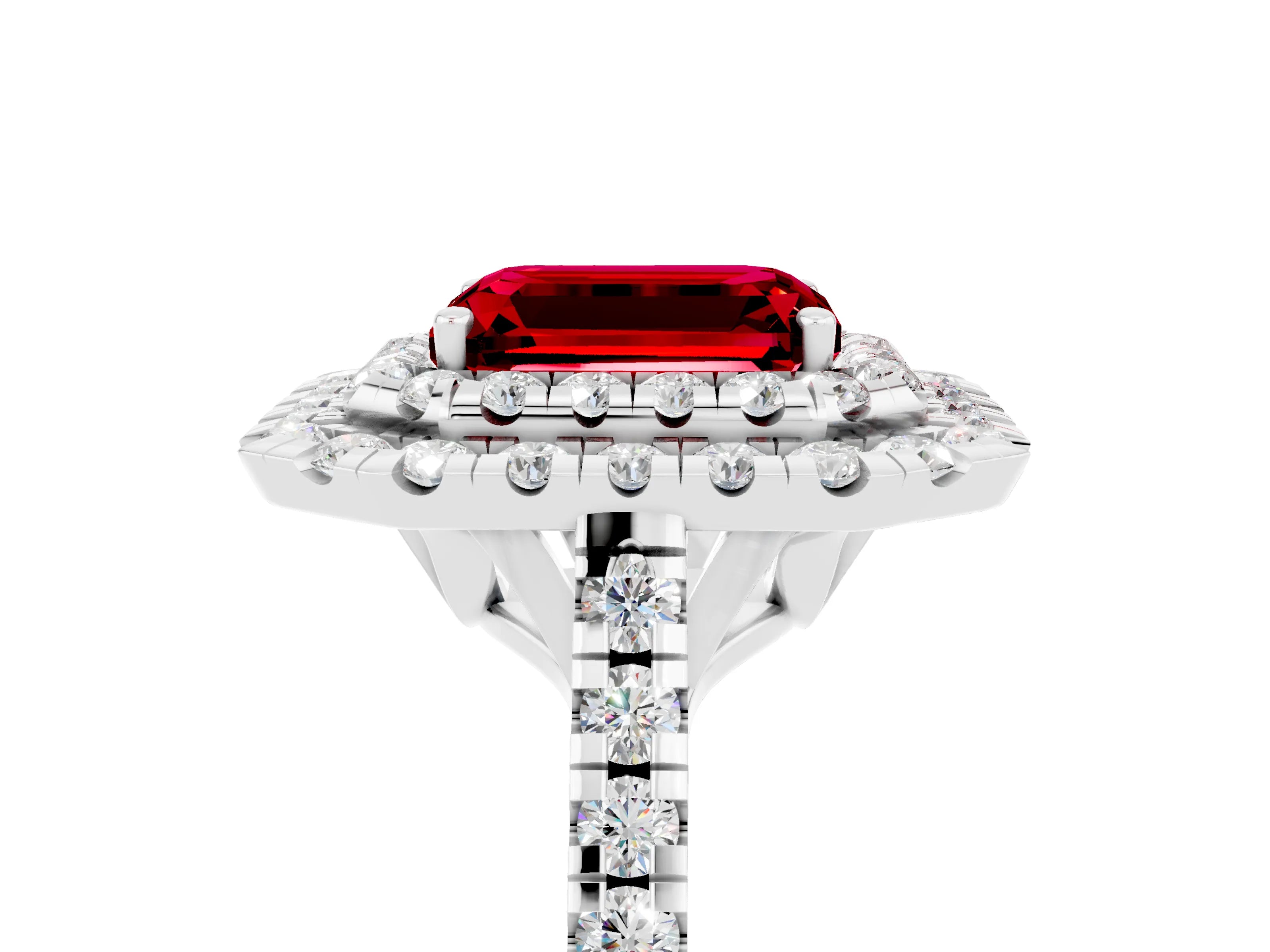White gold Double Halo Emerald Cut Ruby Pavé Band with Four-Prong Setting_5