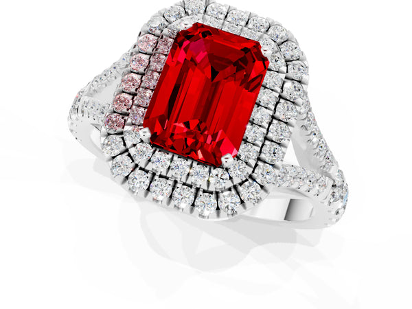 Platinum Double Halo Emerald Cut Ruby Pavé Split Shank Ring with Prong Setting