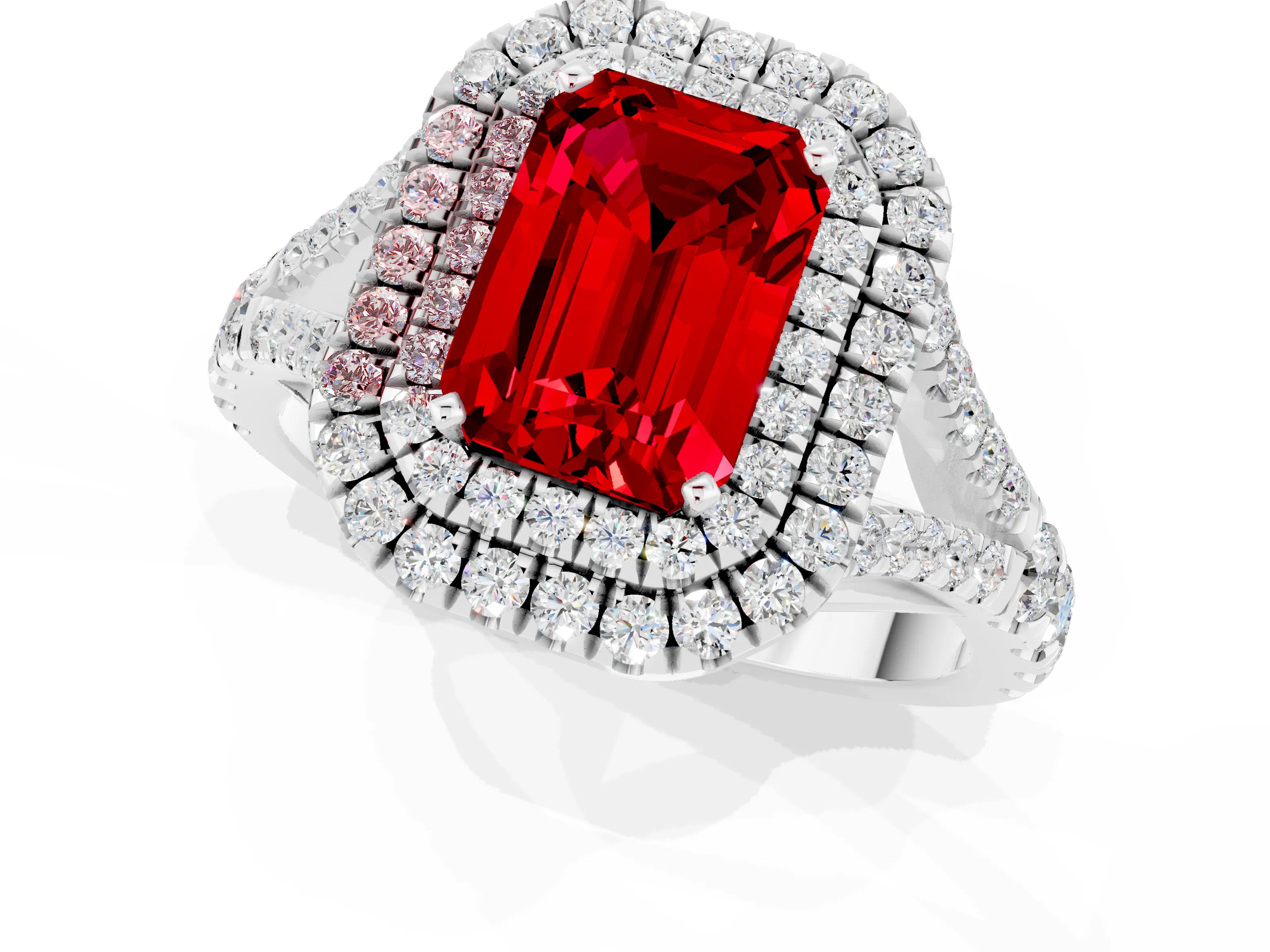White gold Double Halo Emerald Cut Ruby Pavé Split Shank Ring with Prong Setting_1
