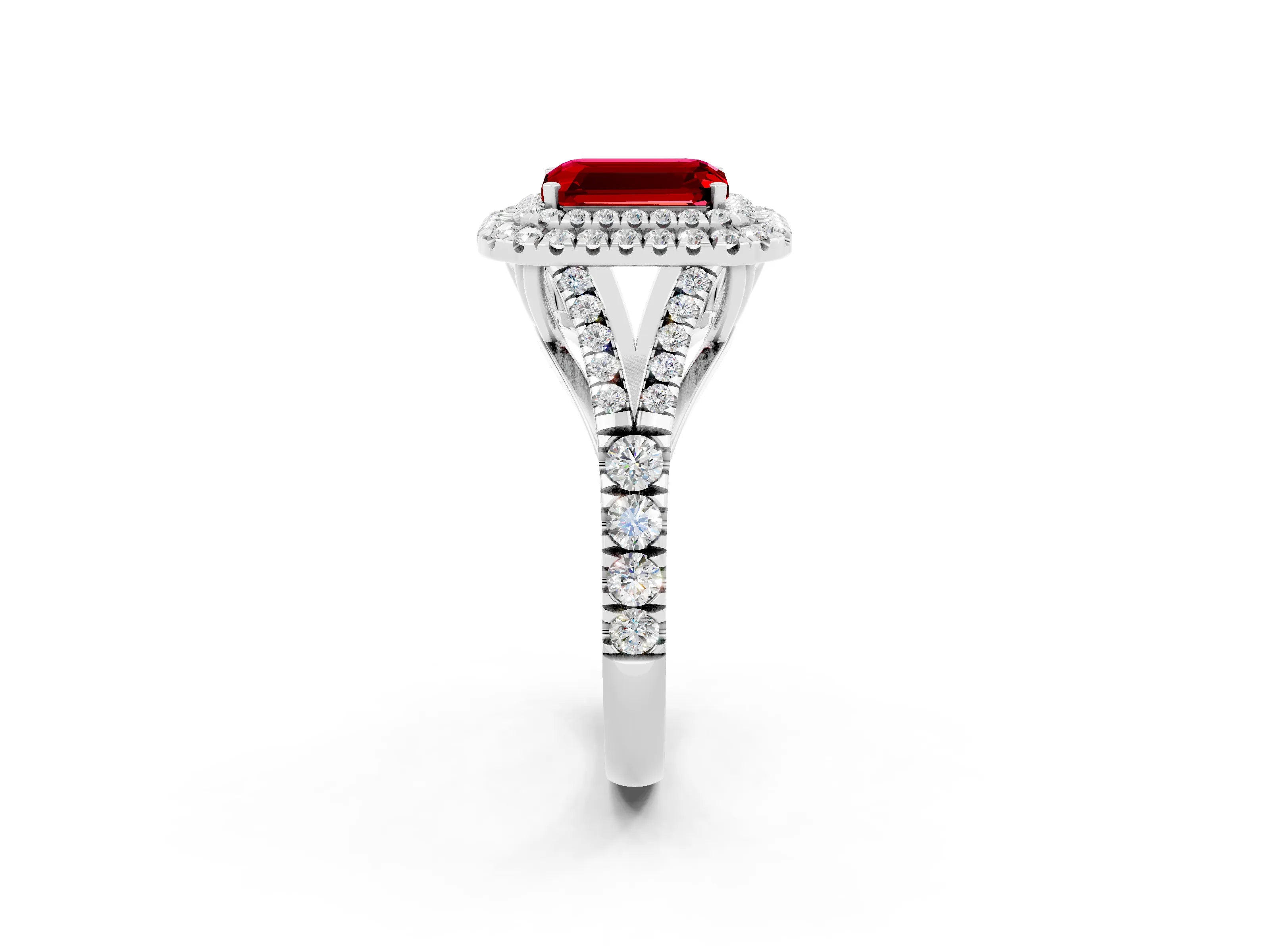 White gold Double Halo Emerald Cut Ruby Pavé Split Shank Ring with Prong Setting_2