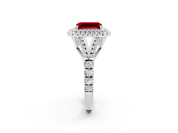 Silver Double Halo Emerald Cut Ruby Pavé Split Shank Ring with Prong Setting