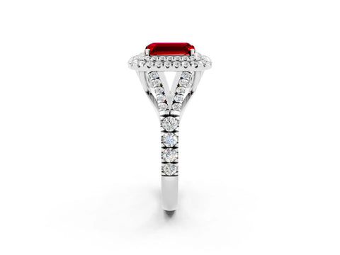 White gold Double Halo Emerald Cut Ruby Pavé Split Shank Ring with Prong Setting_2