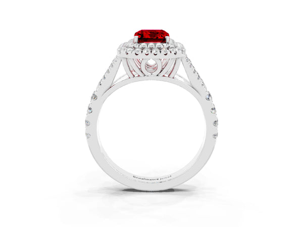 Platinum Double Halo Emerald Cut Ruby Pavé Split Shank Ring with Prong Setting