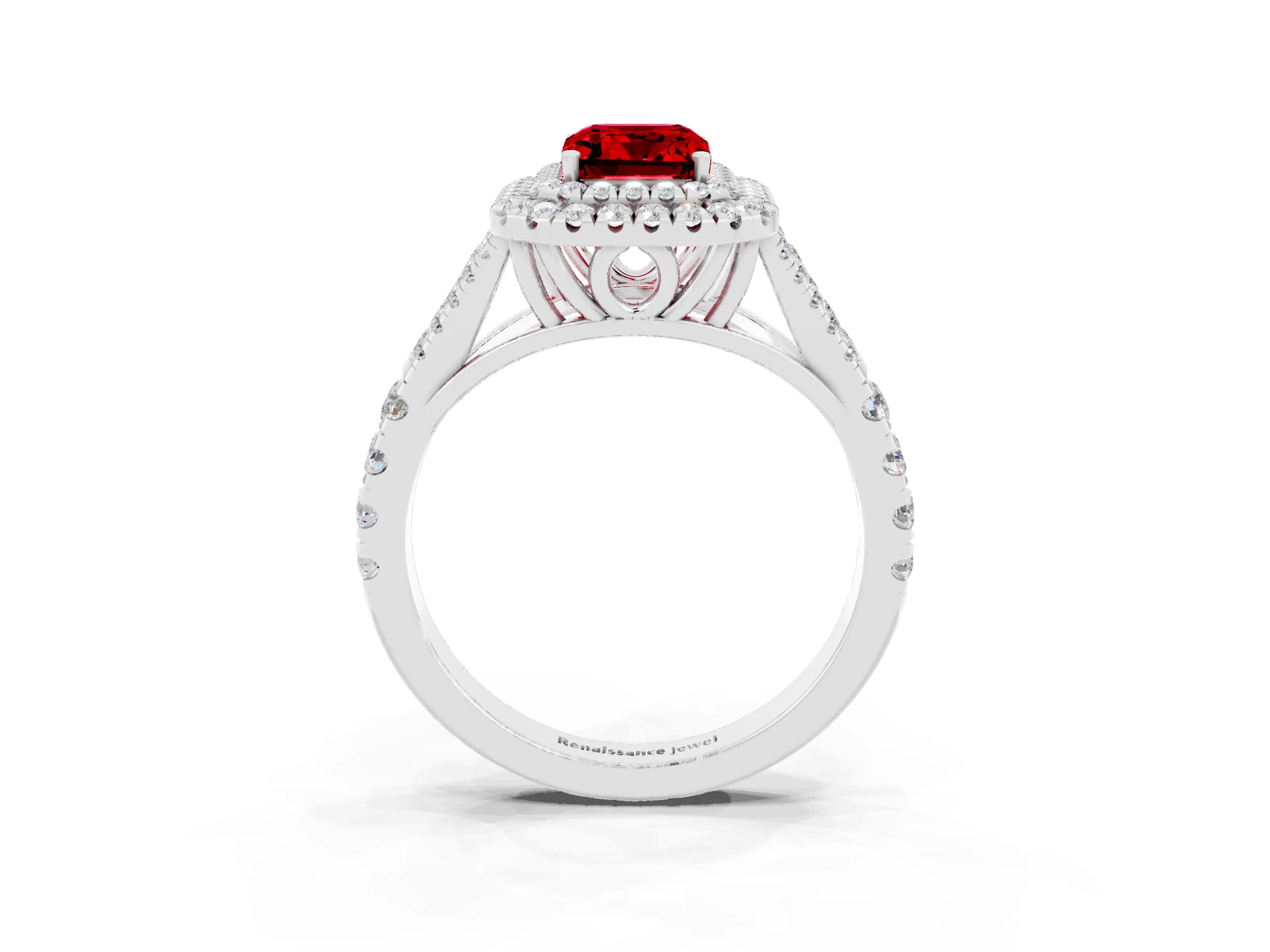 White gold Double Halo Emerald Cut Ruby Pavé Split Shank Ring with Prong Setting_3
