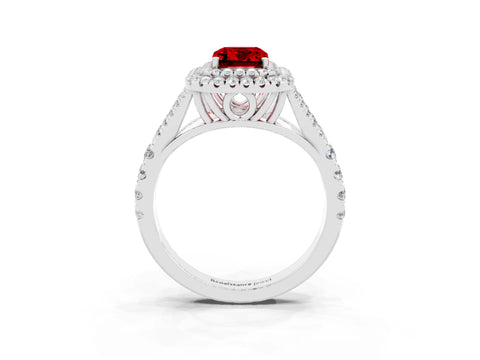 White gold Double Halo Emerald Cut Ruby Pavé Split Shank Ring with Prong Setting_3