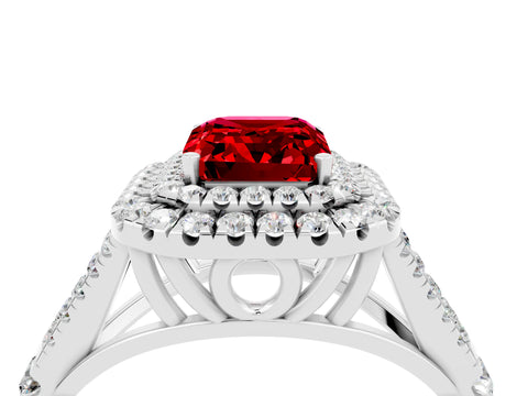 White gold Double Halo Emerald Cut Ruby Pavé Split Shank Ring with Prong Setting_4