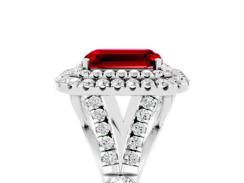 White gold Double Halo Emerald Cut Ruby Pavé Split Shank Ring with Prong Setting_5