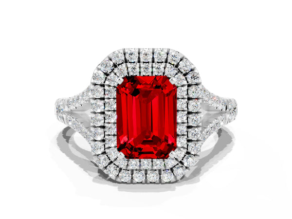 White gold Double Halo Emerald Cut Ruby Pavé Split Shank Ring with Prong Setting