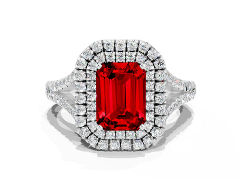White gold Double Halo Emerald Cut Ruby Pavé Split Shank Ring with Prong Setting