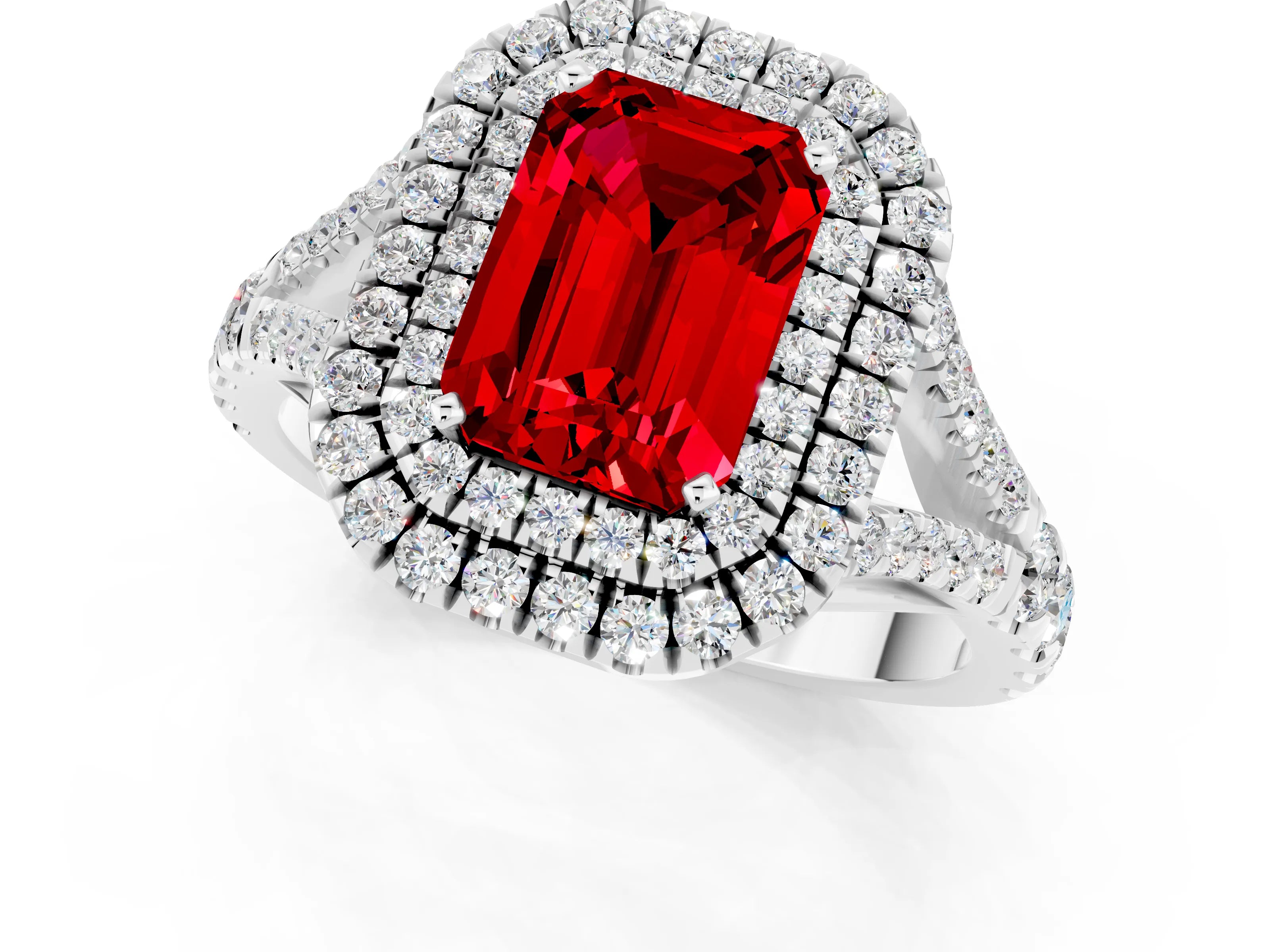 White gold Double Halo Emerald Cut Ruby Split Shank Engagement Ring with Four-Prong Setting_1