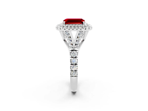 Platinum Double Halo Emerald Cut Ruby Split Shank Engagement Ring with Four-Prong Setting