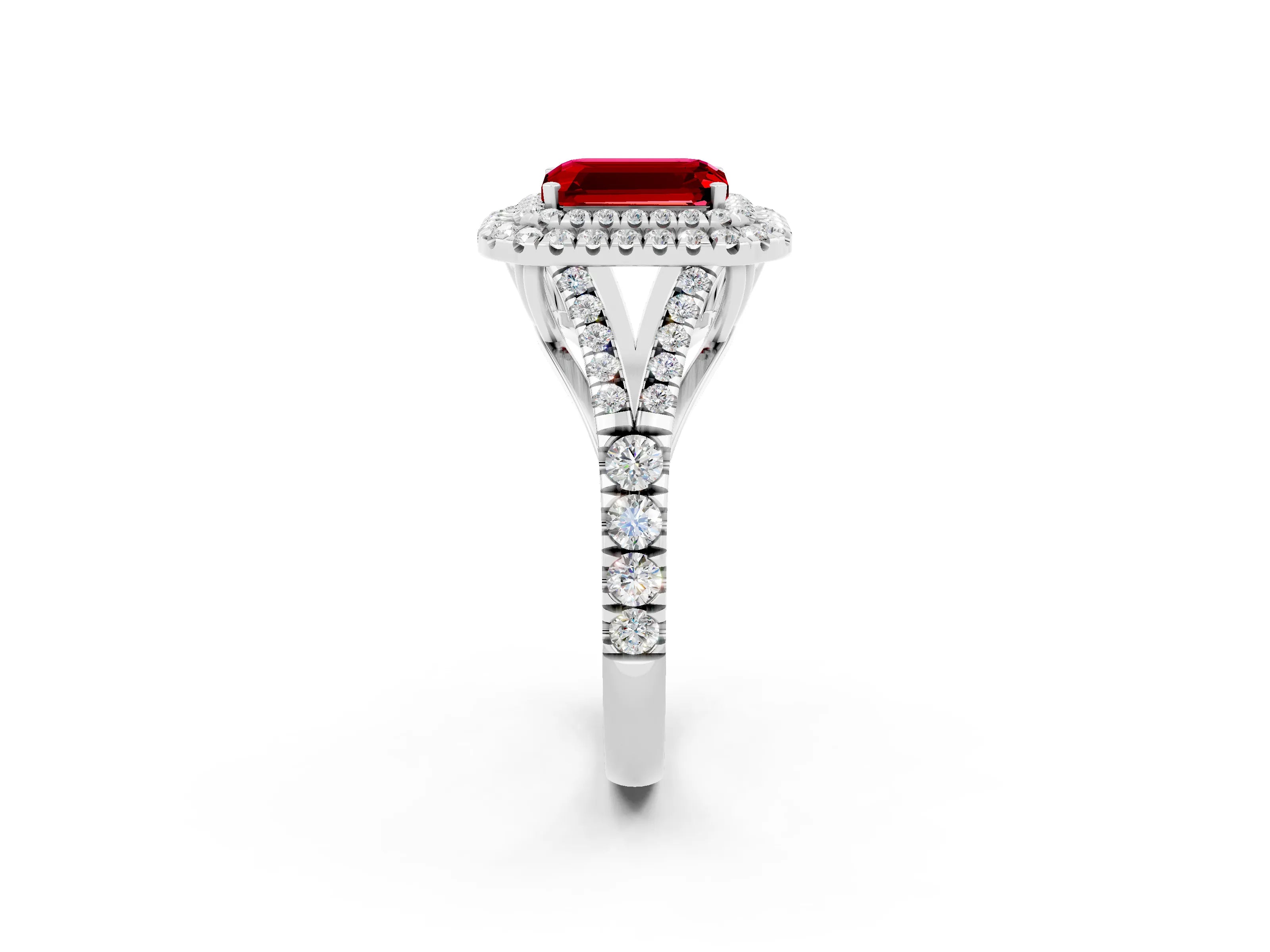 White gold Double Halo Emerald Cut Ruby Split Shank Engagement Ring with Four-Prong Setting_2