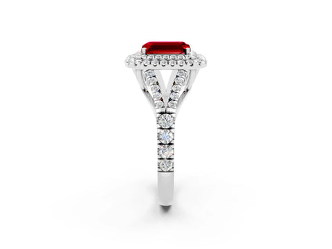 White gold Double Halo Emerald Cut Ruby Split Shank Engagement Ring with Four-Prong Setting_2