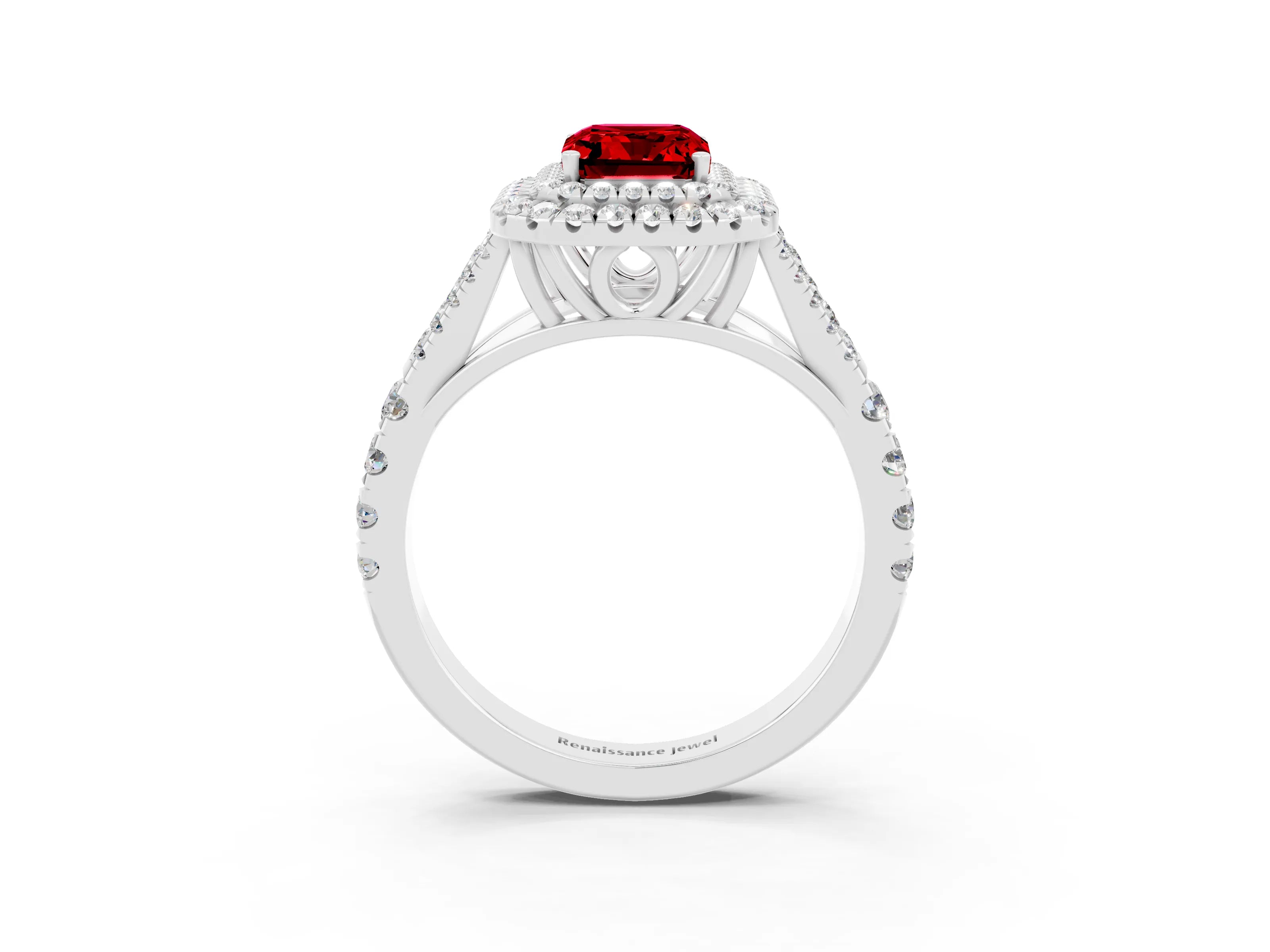 White gold Double Halo Emerald Cut Ruby Split Shank Engagement Ring with Four-Prong Setting_3