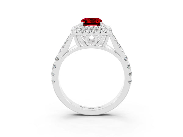 White gold Double Halo Emerald Cut Ruby Split Shank Engagement Ring with Four-Prong Setting