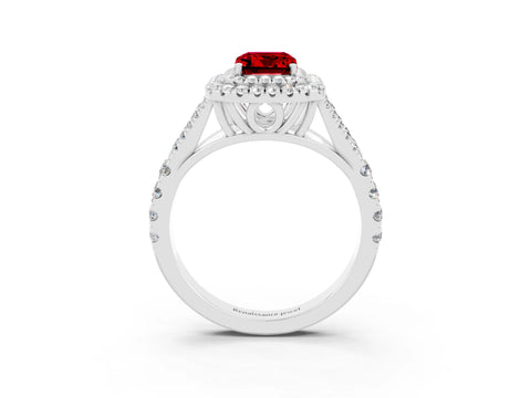 White gold Double Halo Emerald Cut Ruby Split Shank Engagement Ring with Four-Prong Setting_3