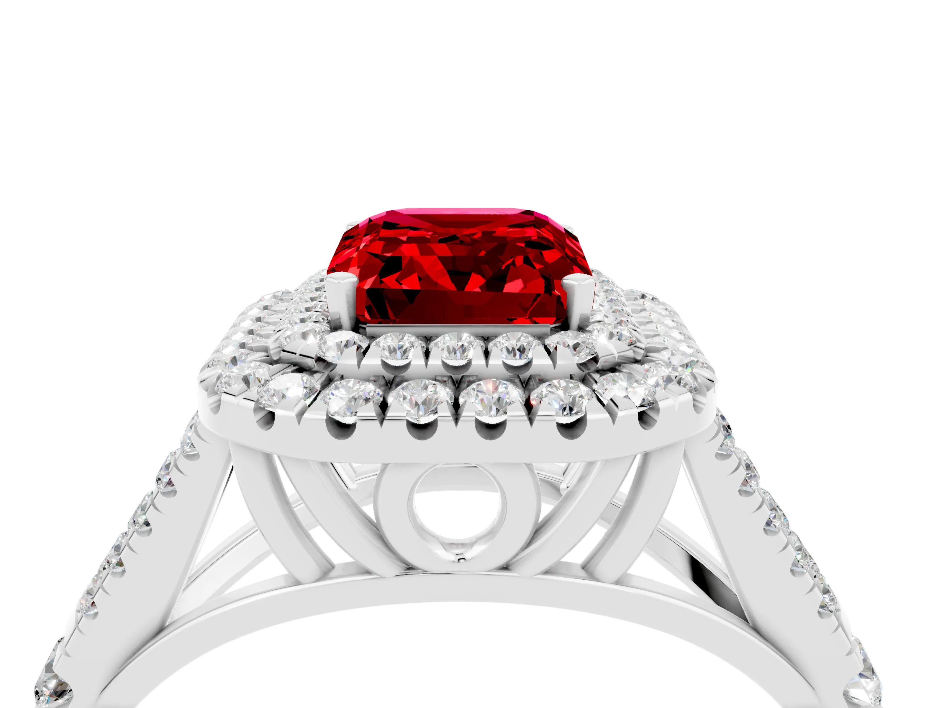 White gold Double Halo Emerald Cut Ruby Split Shank Engagement Ring with Four-Prong Setting_4