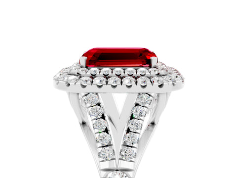 White gold Double Halo Emerald Cut Ruby Split Shank Engagement Ring with Four-Prong Setting_5