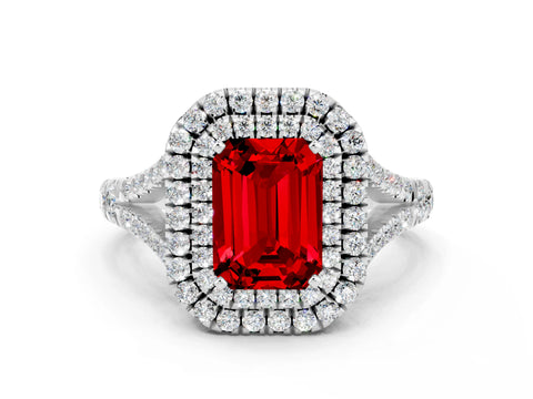 White gold Double Halo Emerald Cut Ruby Split Shank Engagement Ring with Four-Prong Setting