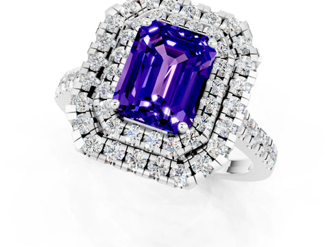White gold Double Halo Emerald Cut Tanzanite Pavé Band with Four-Prong Setting_1