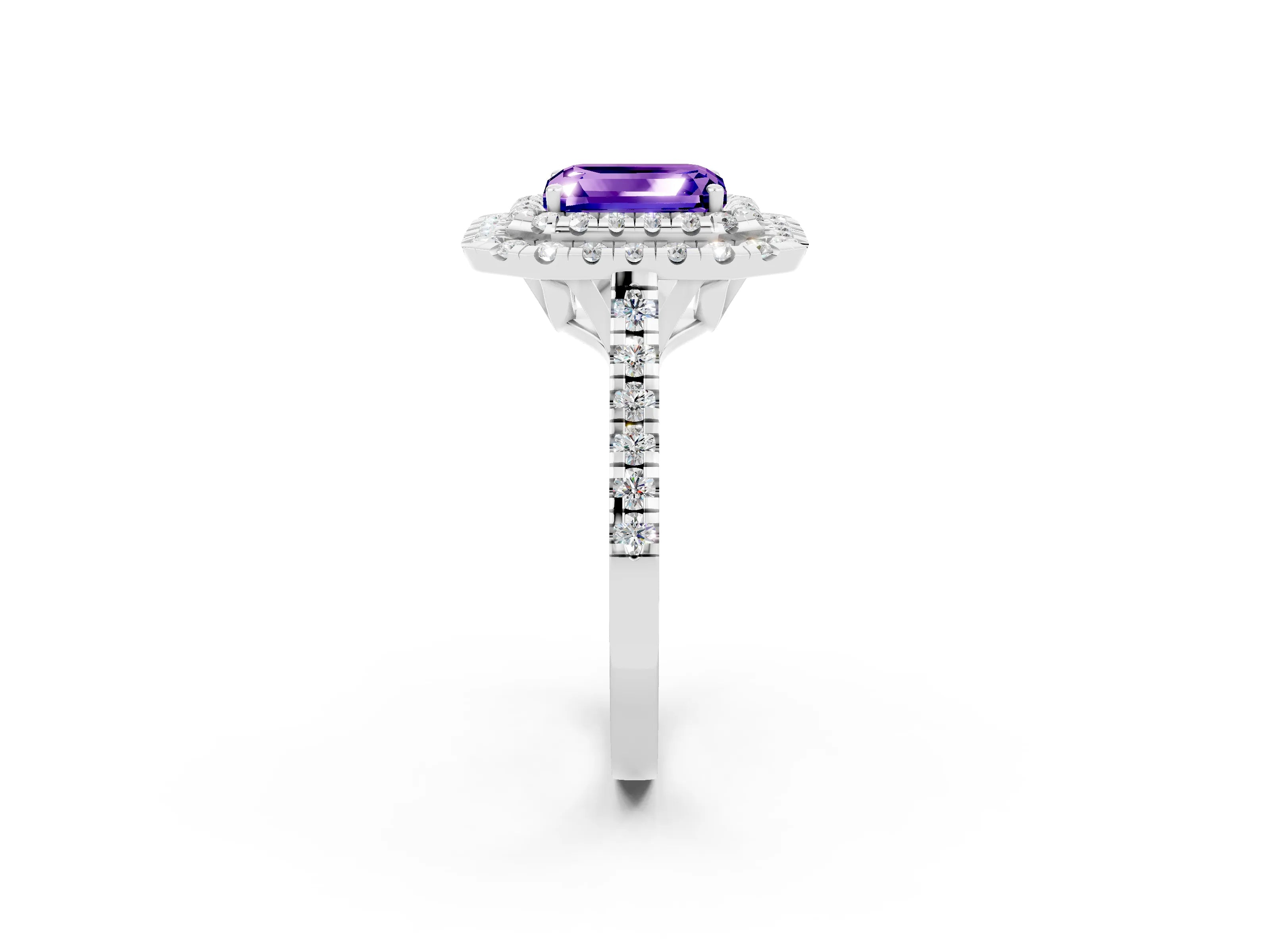 White gold Double Halo Emerald Cut Tanzanite Pavé Band with Four-Prong Setting_2