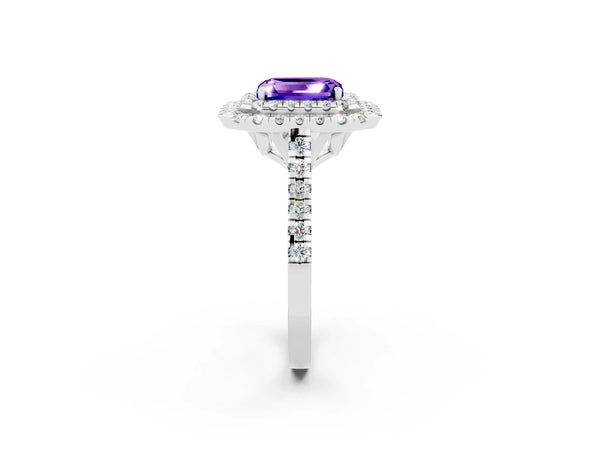 Silver Double Halo Emerald Cut Tanzanite Pavé Band with Four-Prong Setting