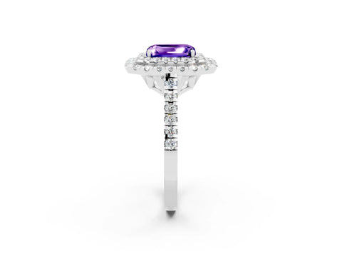White gold Double Halo Emerald Cut Tanzanite Pavé Band with Four-Prong Setting_2