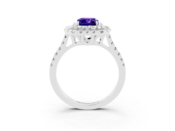 Platinum Double Halo Emerald Cut Tanzanite Pavé Band with Four-Prong Setting