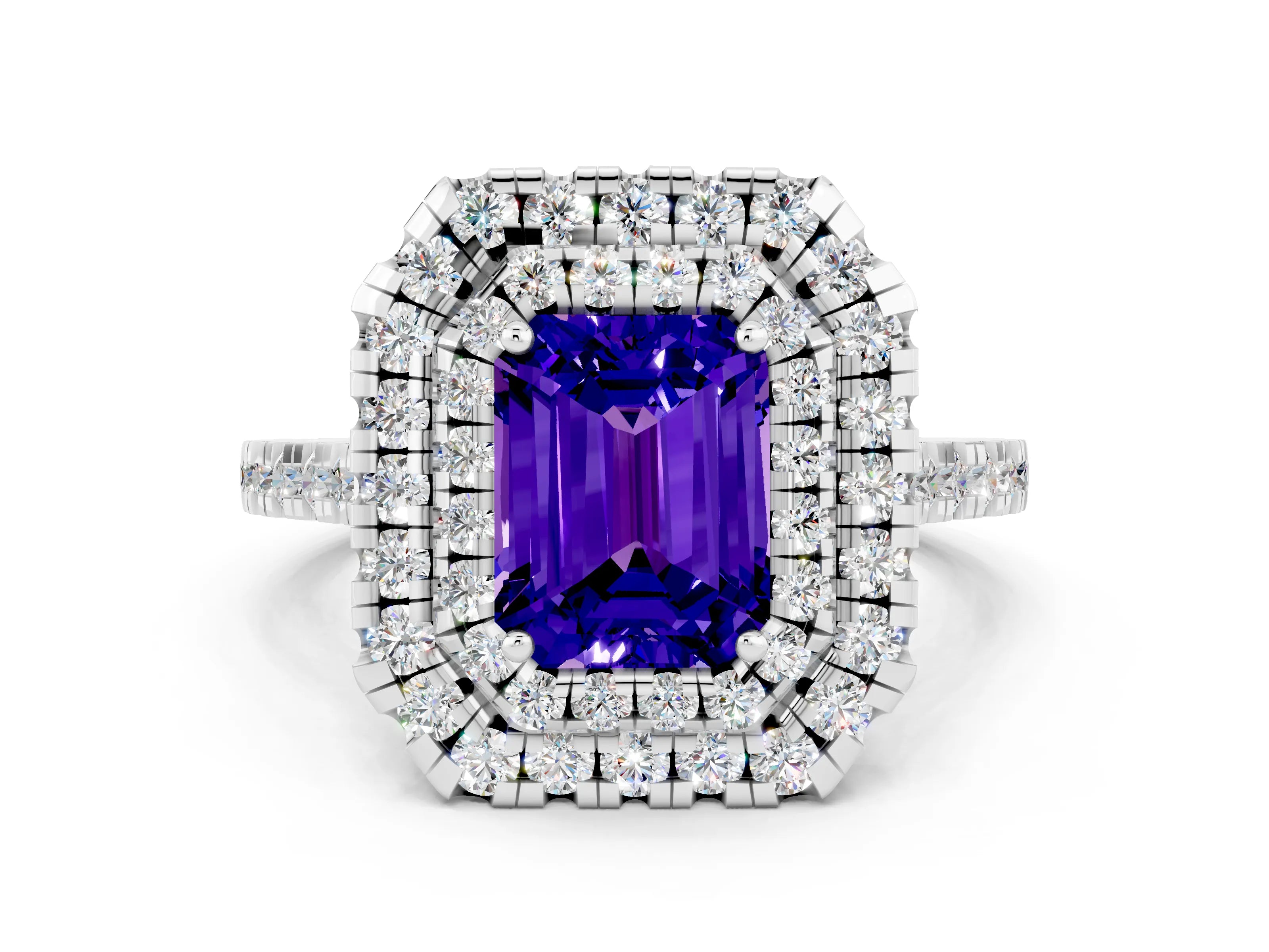 White gold Double Halo Emerald Cut Tanzanite Pavé Band with Four-Prong Setting