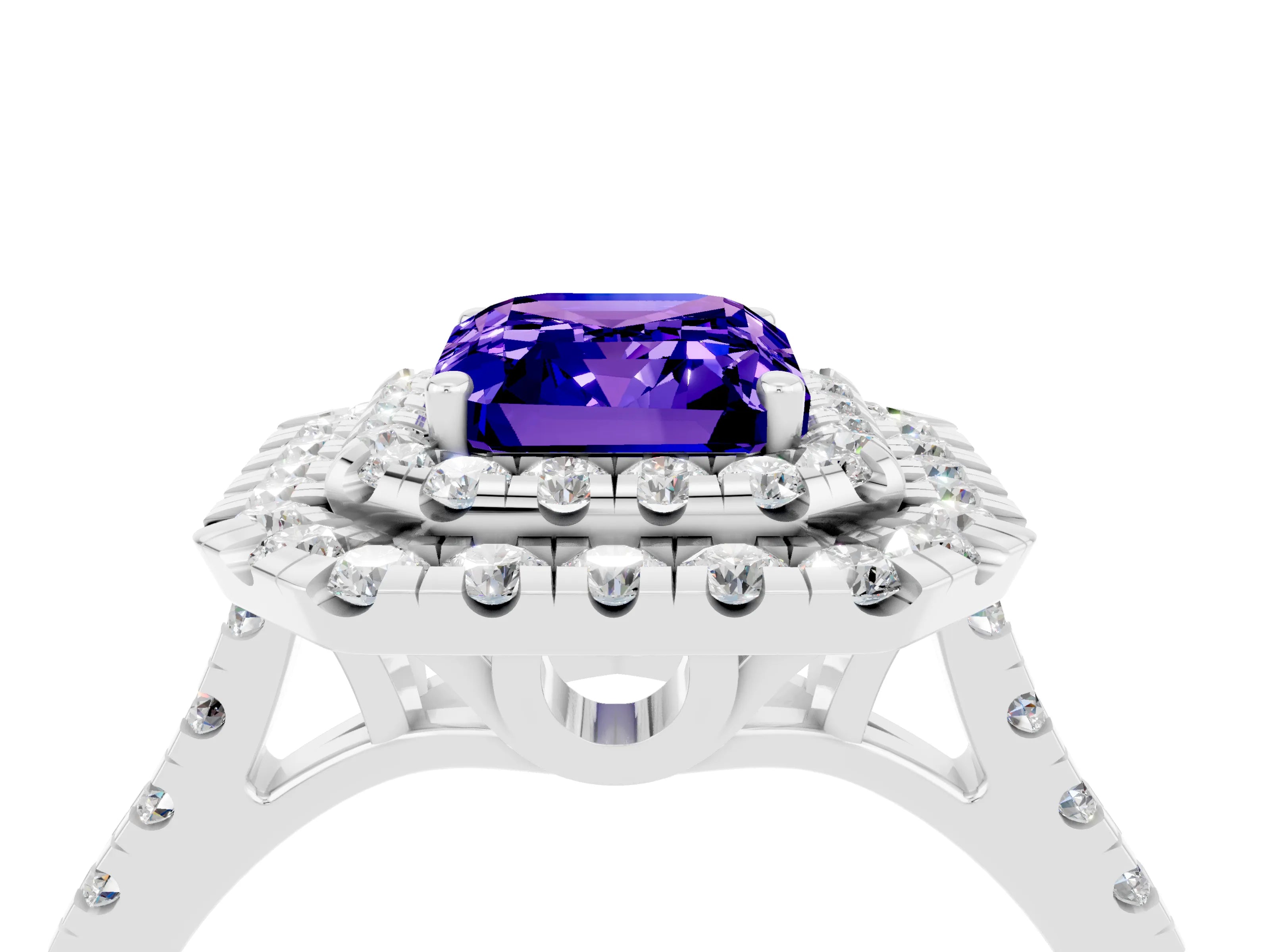 White gold Double Halo Emerald Cut Tanzanite Pavé Band with Four-Prong Setting_4