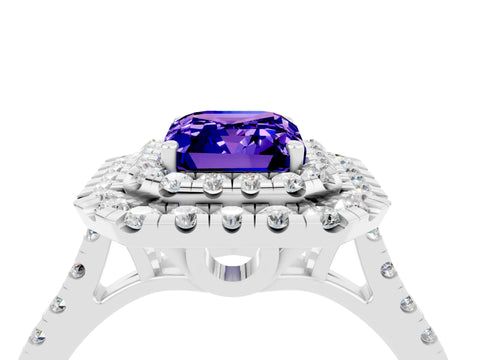 White gold Double Halo Emerald Cut Tanzanite Pavé Band with Four-Prong Setting_4