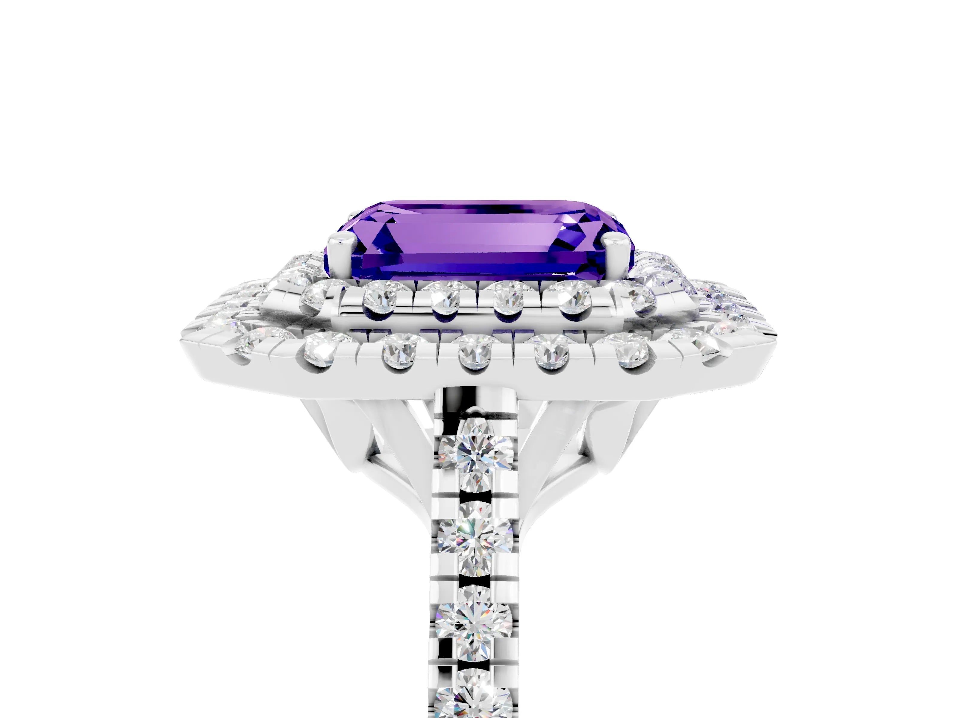 White gold Double Halo Emerald Cut Tanzanite Pavé Band with Four-Prong Setting_5
