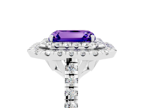 White gold Double Halo Emerald Cut Tanzanite Pavé Band with Four-Prong Setting_5