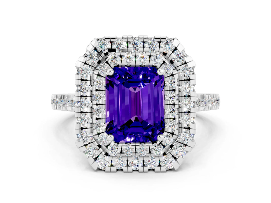 White gold Double Halo Emerald Cut Tanzanite Pavé Band with Four-Prong Setting
