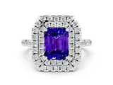 White gold Double Halo Emerald Cut Tanzanite Pavé Band with Four-Prong Setting