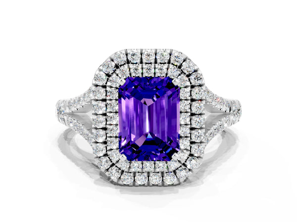 Platinum Double Halo Emerald Cut Tanzanite Pavé Split Shank Ring with Prong Setting