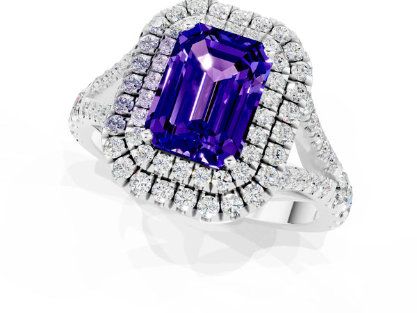 Platinum Double Halo Emerald Cut Tanzanite Pavé Split Shank Ring with Prong Setting