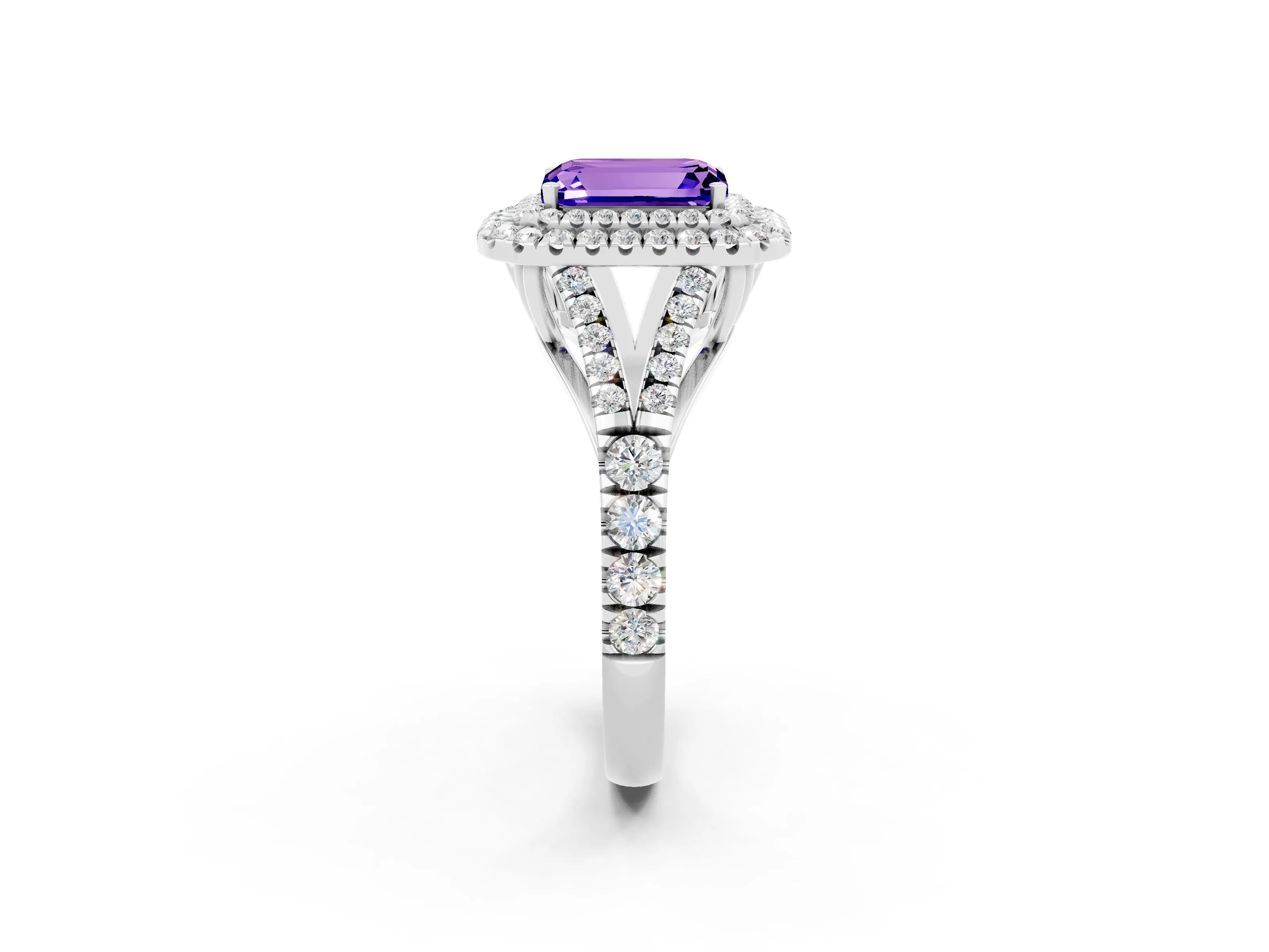 White gold Double Halo Emerald Cut Tanzanite Pavé Split Shank Ring with Prong Setting_2