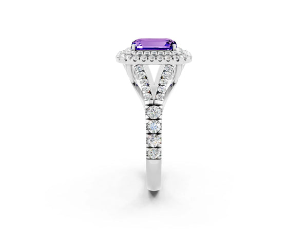 White gold Double Halo Emerald Cut Tanzanite Pavé Split Shank Ring with Prong Setting