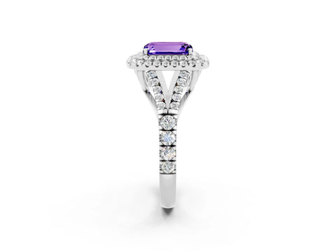 White gold Double Halo Emerald Cut Tanzanite Pavé Split Shank Ring with Prong Setting_2