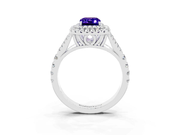Platinum Double Halo Emerald Cut Tanzanite Pavé Split Shank Ring with Prong Setting