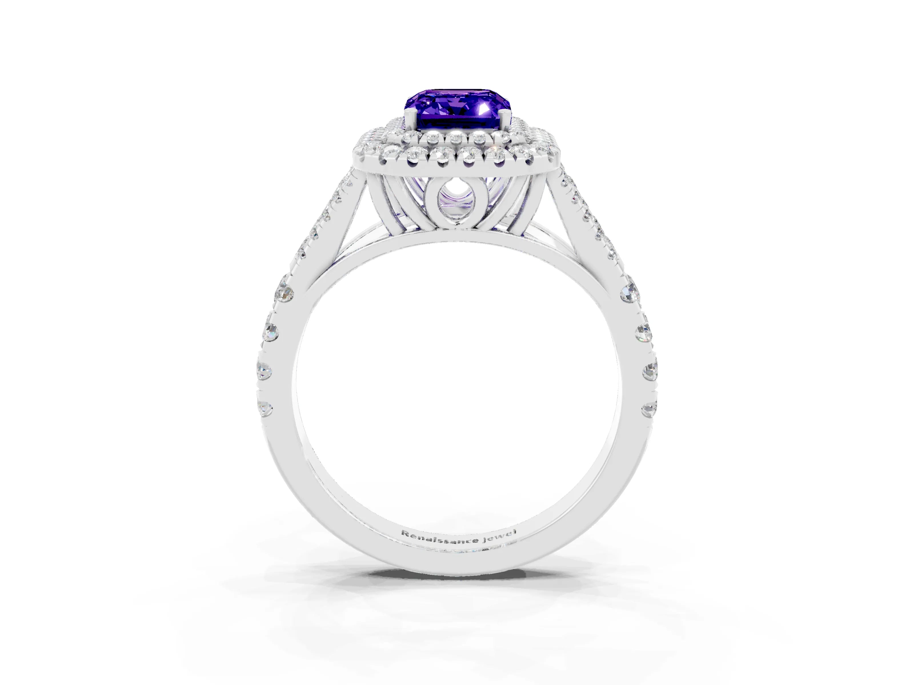 White gold Double Halo Emerald Cut Tanzanite Pavé Split Shank Ring with Prong Setting_3