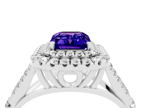 White gold Double Halo Emerald Cut Tanzanite Pavé Split Shank Ring with Prong Setting_4