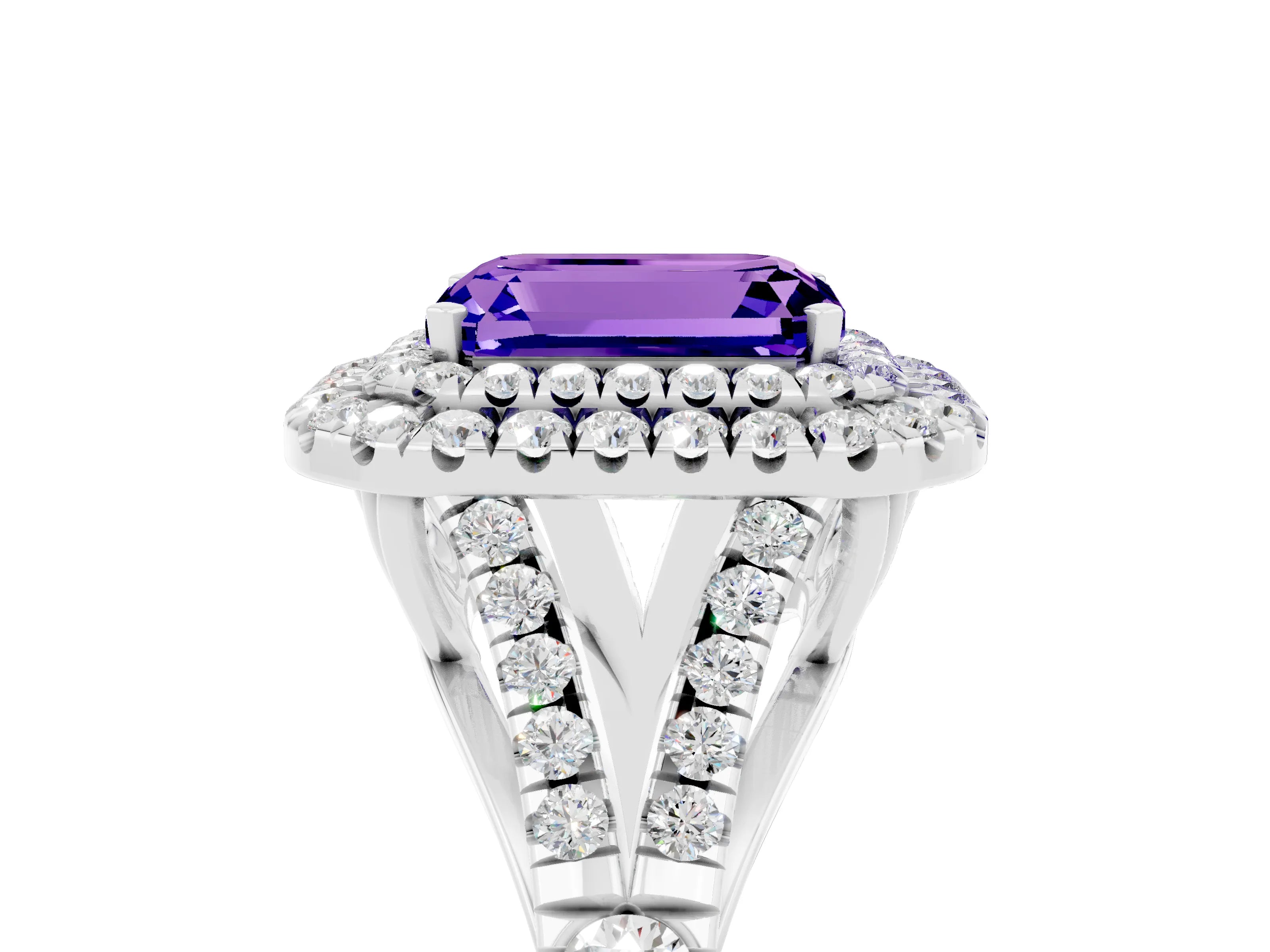 White gold Double Halo Emerald Cut Tanzanite Pavé Split Shank Ring with Prong Setting_5