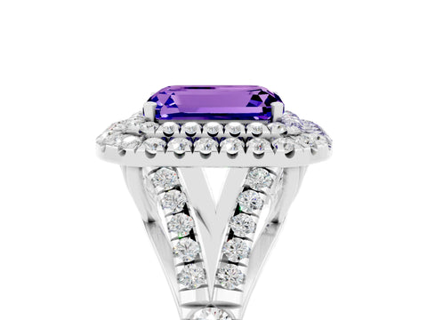 White gold Double Halo Emerald Cut Tanzanite Pavé Split Shank Ring with Prong Setting_5