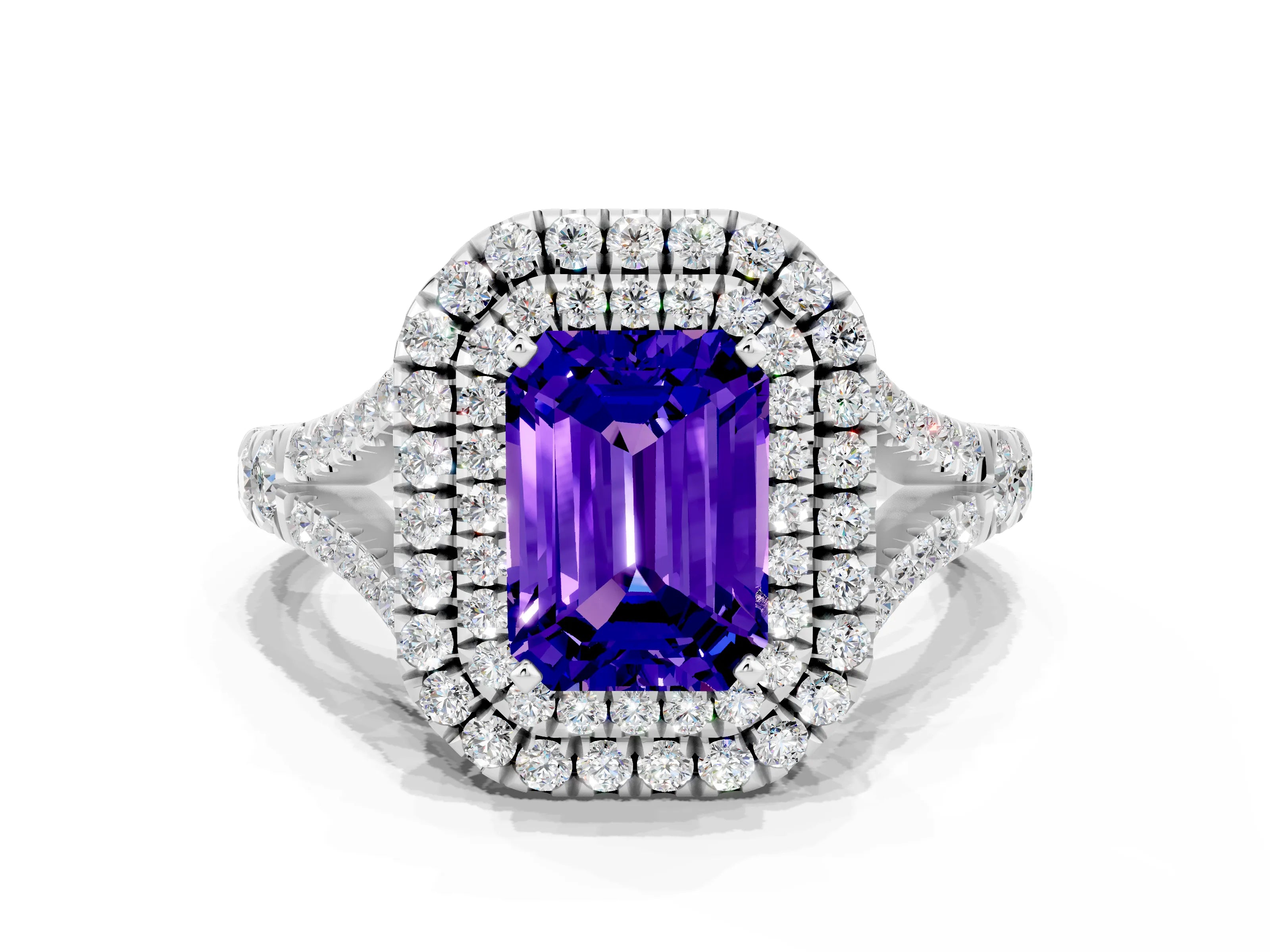 White gold Double Halo Emerald Cut Tanzanite Pavé Split Shank Ring with Prong Setting