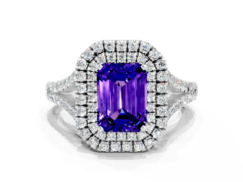 White gold Double Halo Emerald Cut Tanzanite Pavé Split Shank Ring with Prong Setting
