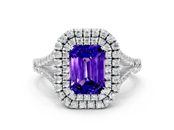 Platinum Double Halo Emerald Cut Tanzanite Split Shank Engagement Ring with Four-Prong Setting